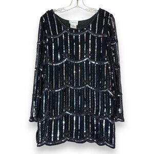 Vintage Stenay Sequin Black Tunic Top Blouse Silk Beaded Embellished Party Small
